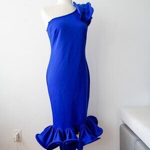 CQ by CQ Royal Blue Structured One shoulder Ruffled Midi Dress | Size S